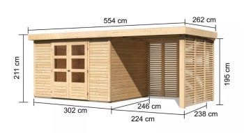 Dřevěný zahradní domek Karibu ASKOLA 5 přístavek 240 cm včetně zadní a boční stěny (9158) natur