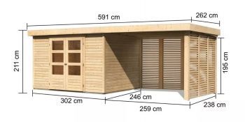 Dřevěný zahradní domek Karibu ASKOLA 5 přístavek 280 cm včetně zadní a boční stěny (9163) natur