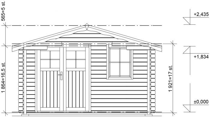 Zahradní domek Laura 350x300 Ekonomik, čelní přesah střechy 170 cm, dvoukřídlé dveře