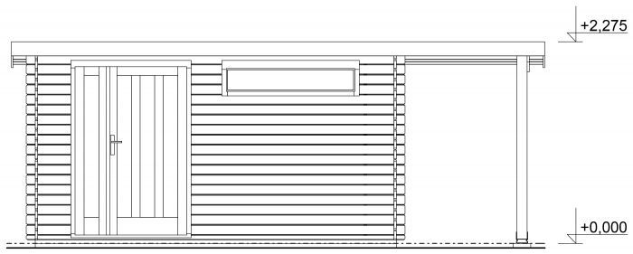 Zahradní domek Alfred 400x300 s dvoukřídlými dveřmi a přístřeškem