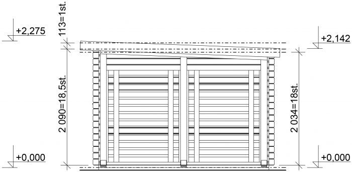 Zahradní domek Alfred 400x300 s dvoukřídlými dveřmi a přístavbou