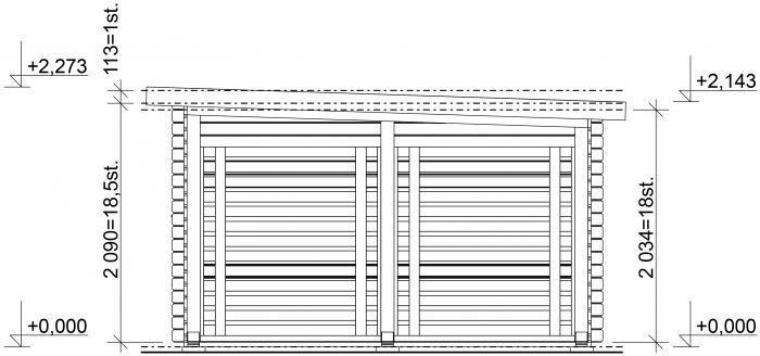 Zahradní domek Alfred 400x350 s dvoukřídlými dveřmi a přístavbou
