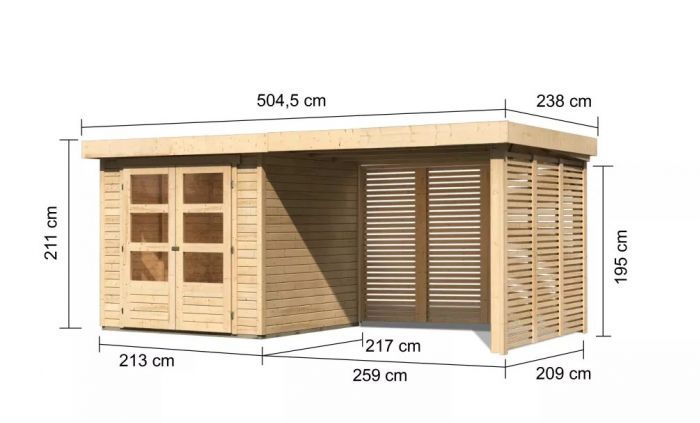 Dřevěný zahradní domek Karibu ASKOLA 2 přístavek 280 cm včetně zadní a boční stěny (9169) natur