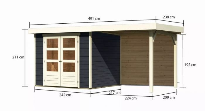 Dřevěný zahradní domek Karibu ASKOLA 3 přístavek 240 cm včetně zadní stěny (38663) antracit