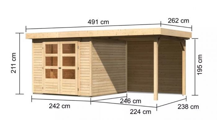 Dřevěný zahradní domek Karibu ASKOLA 3,5 přístavek 240 cm včetně zadní stěny (9176) natur