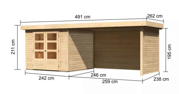 Dřevěný zahradní domek Karibu ASKOLA 3,5 přístavek 280 cm včetně zadní a boční stěny (77721) natur