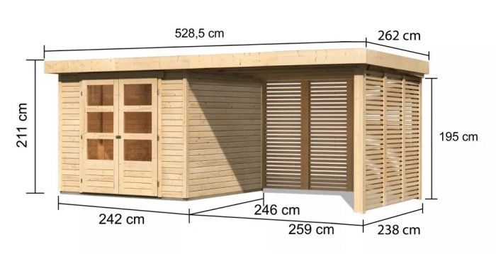 Dřevěný zahradní domek Karibu ASKOLA 3,5 přístavek 280 cm včetně zadní a boční stěny (9152) natur
