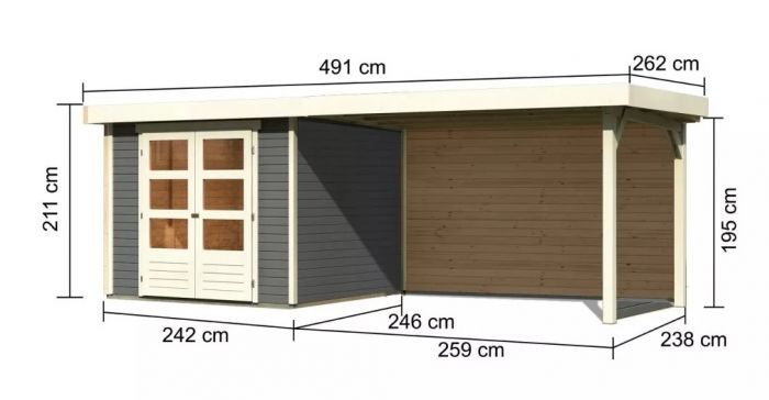 Dřevěný zahradní domek Karibu ASKOLA 3,5 přístavek 280 cm včetně zadní stěny (9150) terragrau