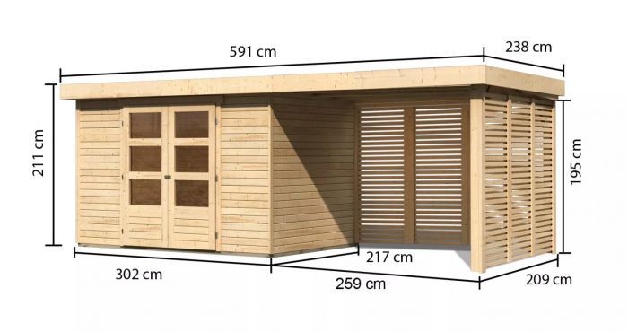 Dřevěný zahradní domek Karibu ASKOLA 4 přístavek 280 cm včetně zadní a boční stěny (9182) natur