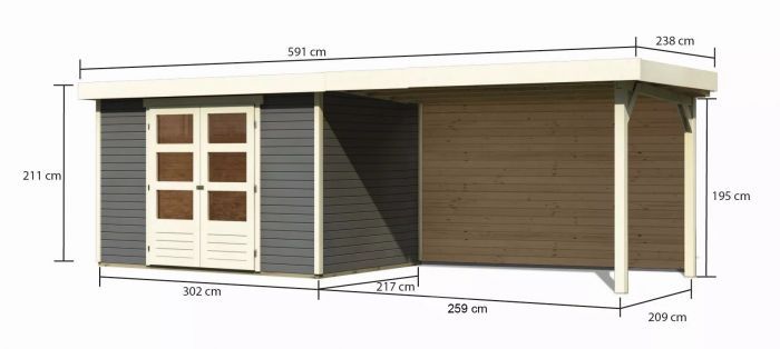 Dřevěný zahradní domek Karibu ASKOLA 4 přístavek 280 cm včetně zadní stěny (9181) terragrau