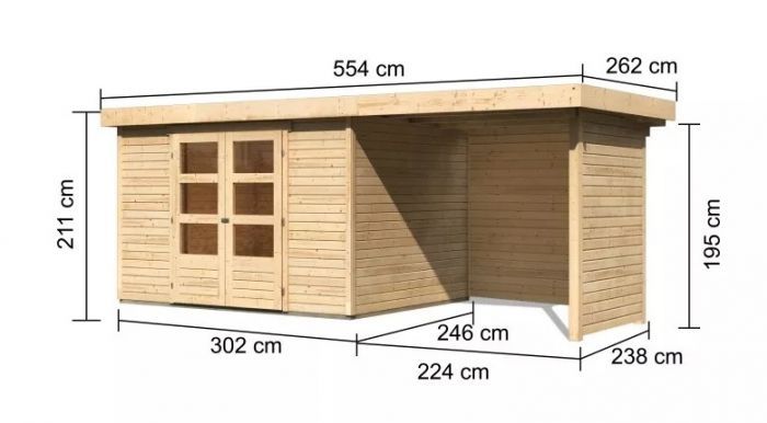 Dřevěný zahradní domek Karibu ASKOLA 5 přístavek 240 cm včetně zadní a boční stěny (77735) natur