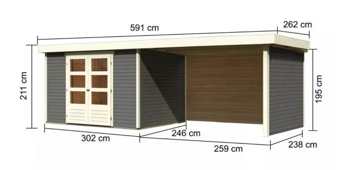 Dřevěný zahradní domek Karibu ASKOLA 5 přístavek 280 cm včetně zadní a boční stěny (9162) terragrau