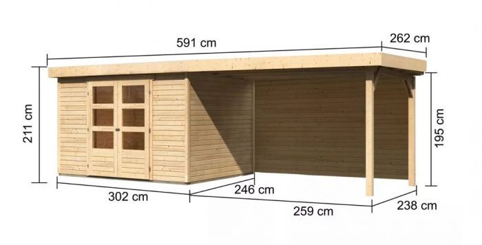 Dřevěný zahradní domek Karibu ASKOLA 5 přístavek 280 cm včetně zadní stěny (9160) natur