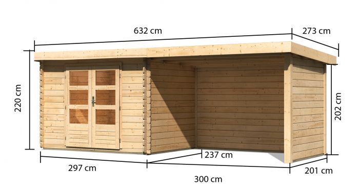 Dřevěný zahradní domek Karibu BASTRUP 3 přístavek 300 cm včetně zadní a boční stěny (91533) natur
