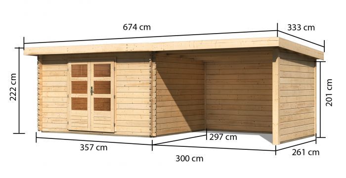 Dřevěný zahradní domek Karibu BASTRUP 7 přístavek 300 cm včetně zadní a boční stěny (73334) natur