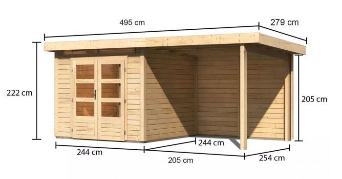 Dřevěný zahradní domek Karibu KANDERN 3 přístavek 235 cm včetně zadní stěny (23612) natur