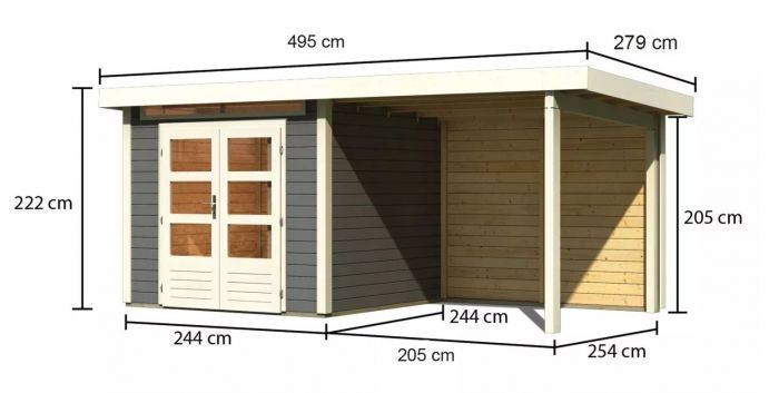 Dřevěný zahradní domek Karibu KANDERN 3 přístavek 235 cm včetně zadní stěny (23613) terragrau