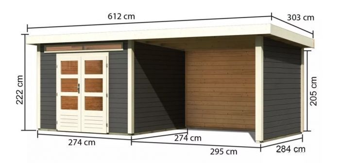 Dřevěný zahradní domek Karibu KANDERN 6 přístavek 320 cm včetně zadní a boční stěny (9242) terragrau