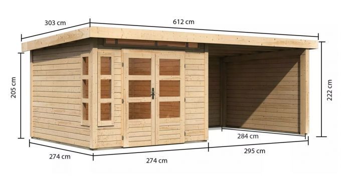 Dřevěný zahradní domek Karibu KASTORF 6 přístavek 320 cm včetně zadní a boční stěny (31548) natur