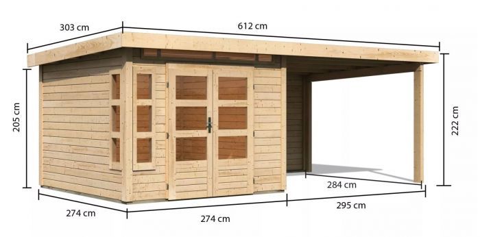 Dřevěný zahradní domek Karibu KASTORF 6 přístavek 320 cm včetně zadní stěny (31544) natur