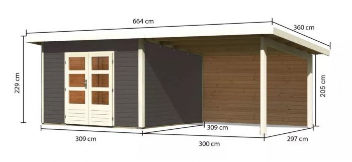 Dřevěný zahradní domek Karibu NORTHEIM 3 přístavek 330 cm včetně zadní stěny (9272) terragrau