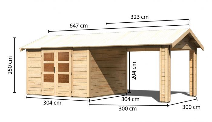 Dřevěný zahradní domek Karibu THERES 7 vč. přístavku (31454) natur